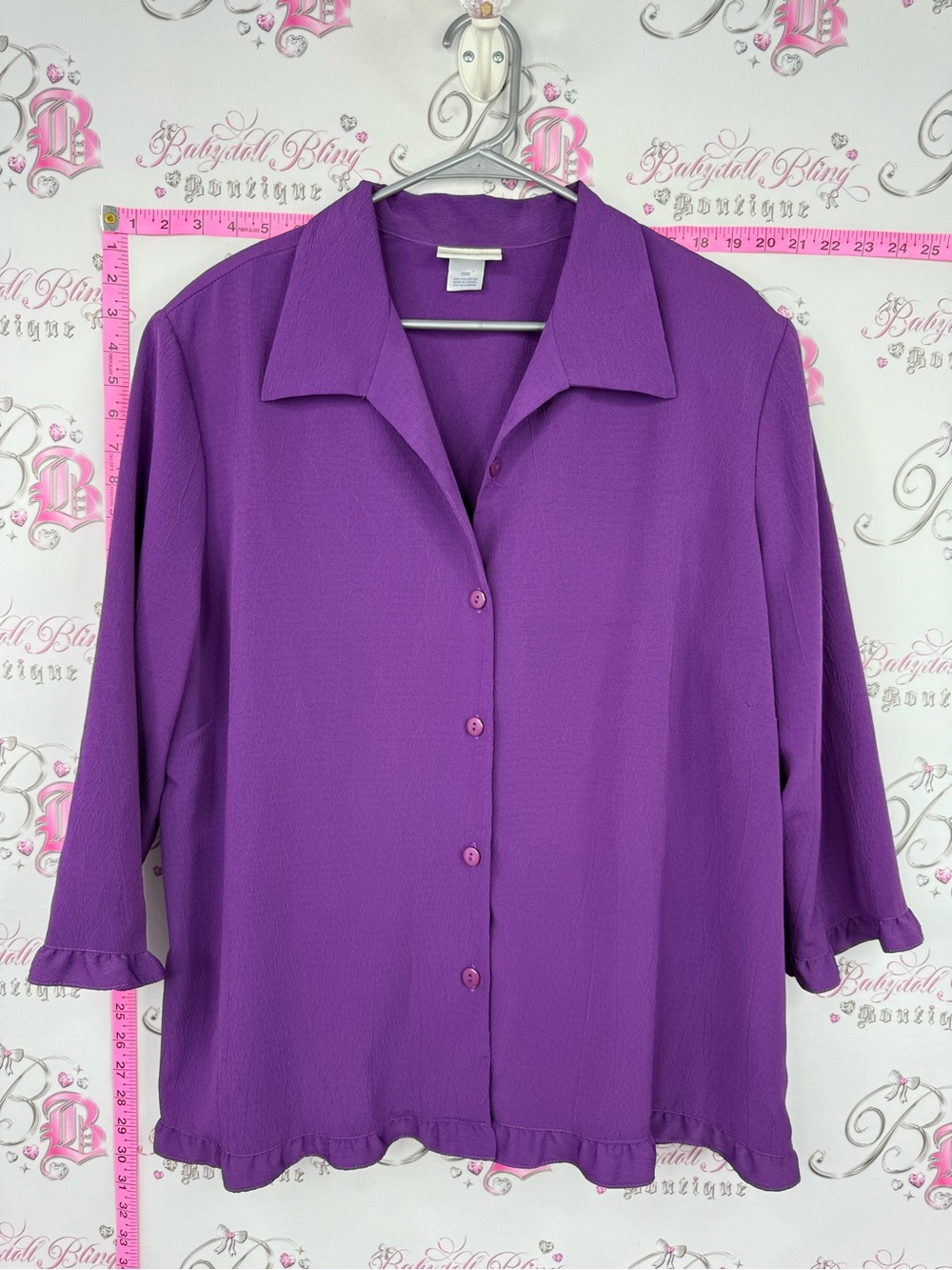 Delta Burke ruffle blouse button up Purple Button-Front Collared Blouse
